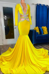 Long Mermaid V-neck Lace Sequined Beaded Prom Dress with Sleeves-showprettydress