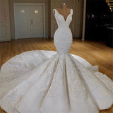 Long Mermaid V-neck Lace Wedding Dress-showprettydress