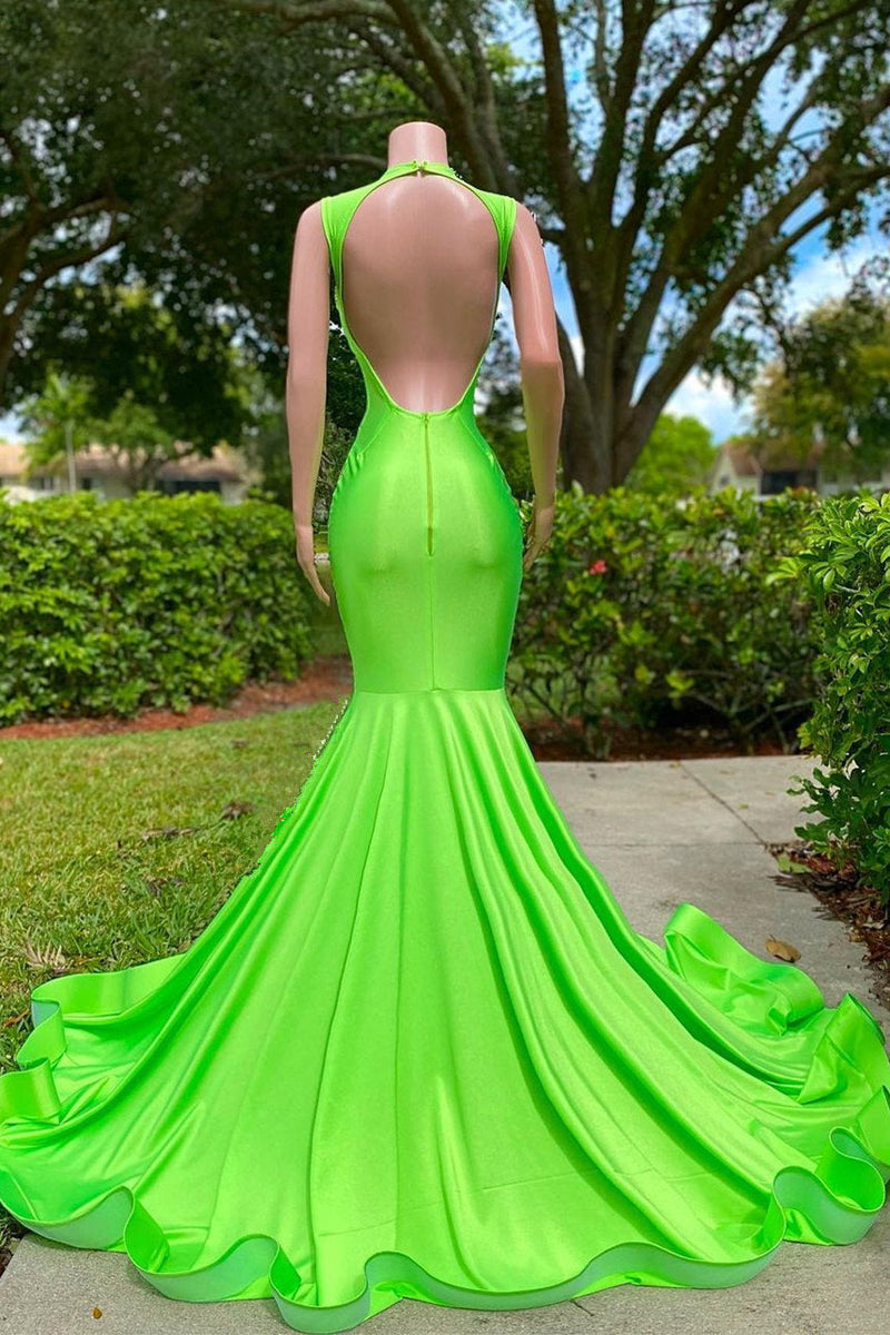 Long Mermaid V-neck Sequined Open Back Lace Beading Prom Dress-showprettydress