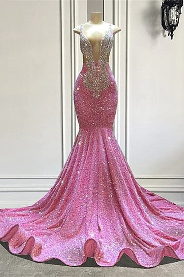 Long Mermaid V-neck Sequined Sleeveless Prom Dress-showprettydress