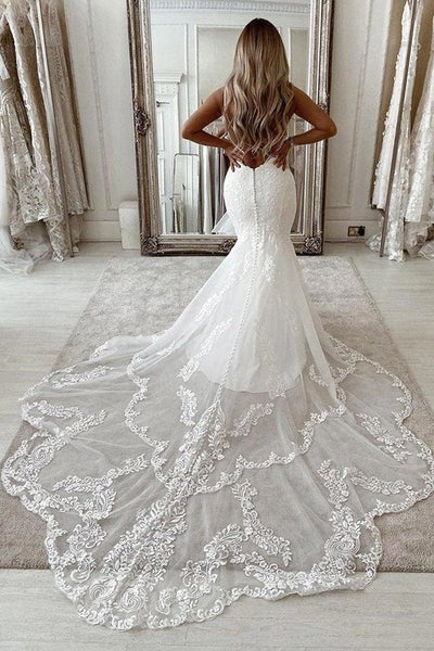 Long Mermaid V-neck Sleeveless Appliques Lace Backless Wedding Dresses-showprettydress