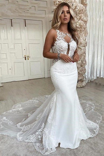 Long Mermaid V-neck Sleeveless Appliques Lace Backless Wedding Dresses-showprettydress