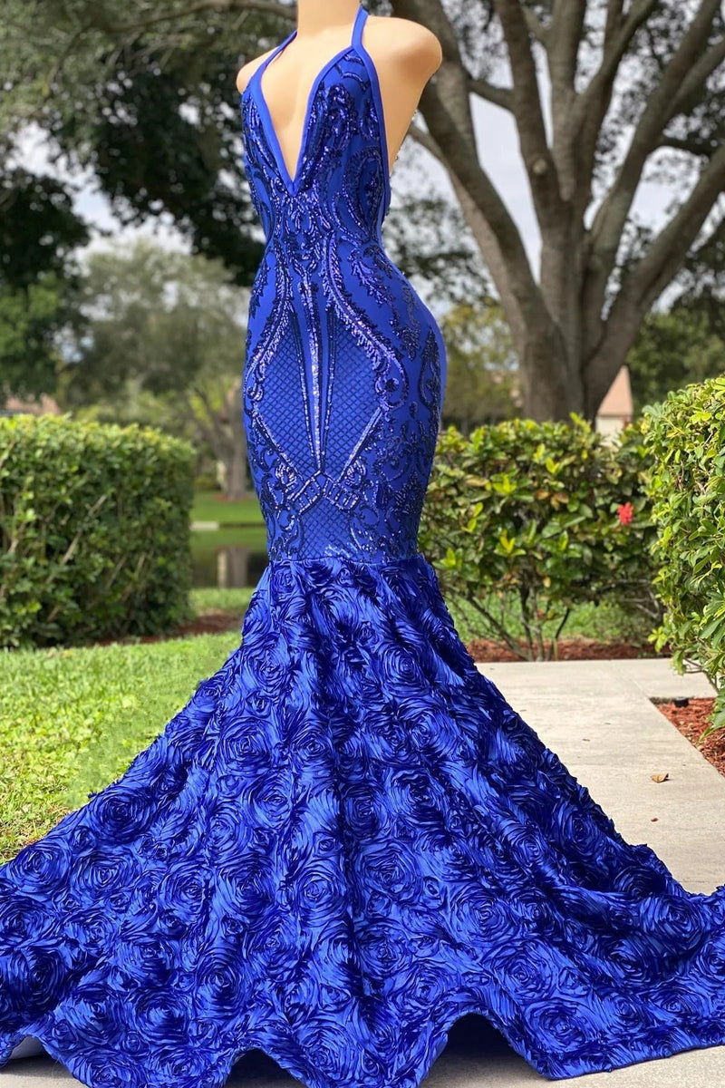 Long Mermaid V-neck Spaghetti Strap Appliques Lace Sequined Open Back Prom Dress-showprettydress