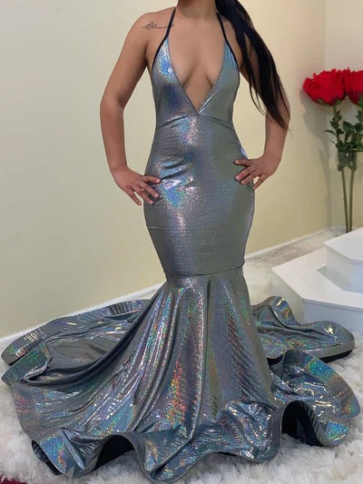 Long Mermaid V-neck Spaghetti Straps Formal Prom Dresses-showprettydress