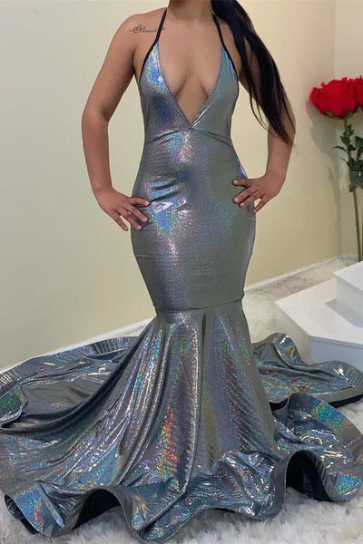 Long Mermaid V-neck Spaghetti Straps Formal Prom Dresses-showprettydress