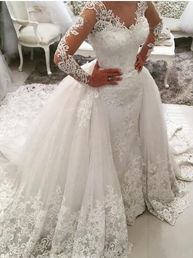Long Mermaid V Neck Sweep Brush Train Lace Tulle Wedding Dresses with Sleeves-showprettydress