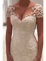 Long Mermaid V Neck Tulle Lace Backless Wedding Dresses with Cap Sleeves-showprettydress