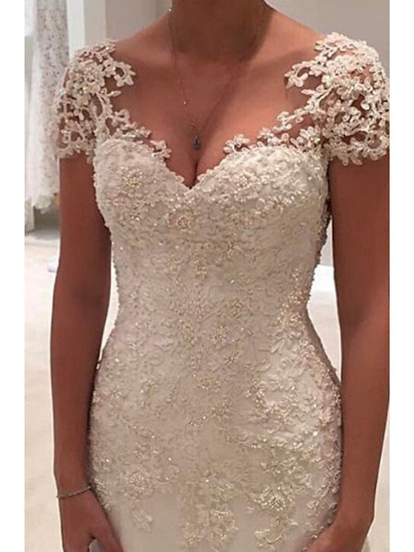 Long Mermaid V Neck Tulle Lace Backless Wedding Dresses with Cap Sleeves-showprettydress