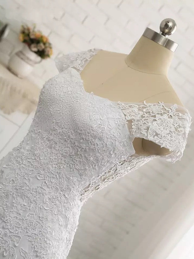 Long Mermaid V Neck Tulle Lace Backless Wedding Dresses with Cap Sleeves-showprettydress