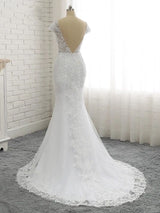 Long Mermaid V Neck Tulle Lace Backless Wedding Dresses with Cap Sleeves-showprettydress