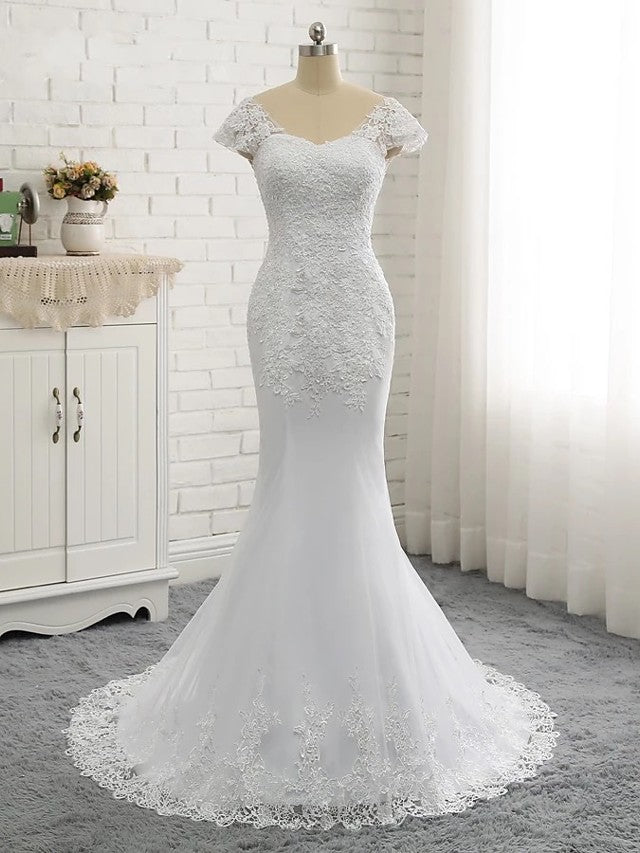 Long Mermaid V Neck Tulle Lace Backless Wedding Dresses with Cap Sleeves-showprettydress
