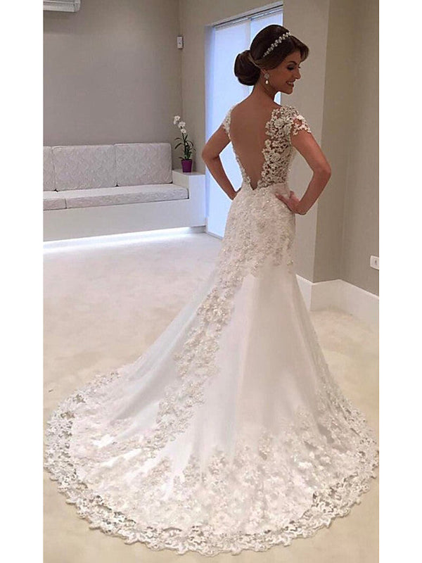 Long Mermaid V Neck Tulle Lace Backless Wedding Dresses with Cap Sleeves-showprettydress