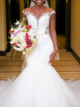 Long Mermaid V Neck Tulle Lace Chapel Train Backless Wedding Dresses-showprettydress