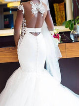 Long Mermaid V Neck Tulle Lace Chapel Train Backless Wedding Dresses-showprettydress
