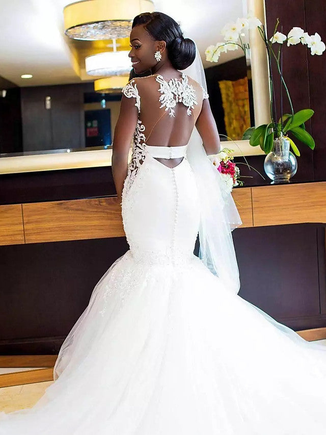 Long Mermaid V Neck Tulle Lace Chapel Train Backless Wedding Dresses-showprettydress