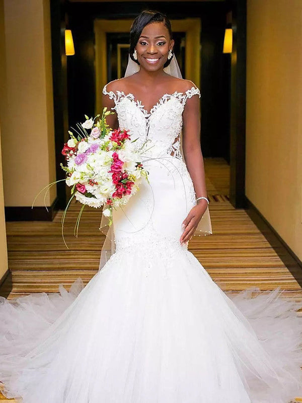 Long Mermaid V Neck Tulle Lace Chapel Train Backless Wedding Dresses-showprettydress