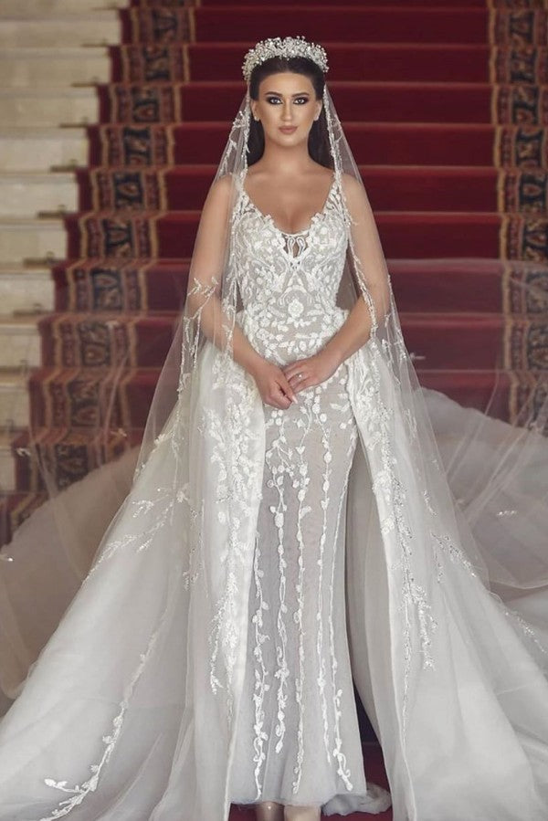 Long Mermaid V-neck Tulle Lace Wedding Dress with Detachable Train-showprettydress