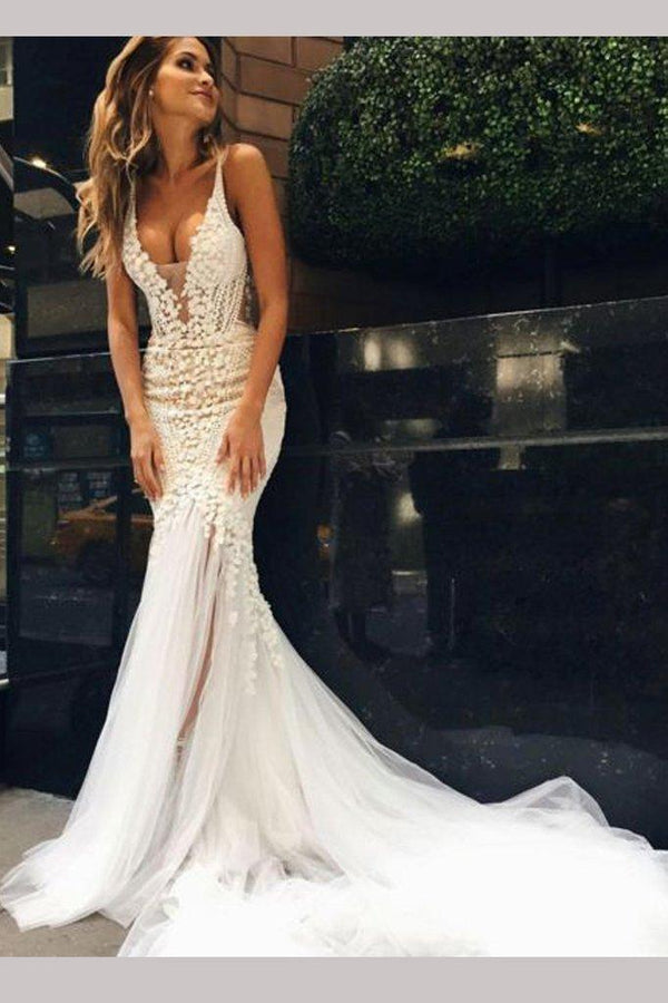 Long Mermaid V-neck Tulle Lace Wedding Dress-showprettydress