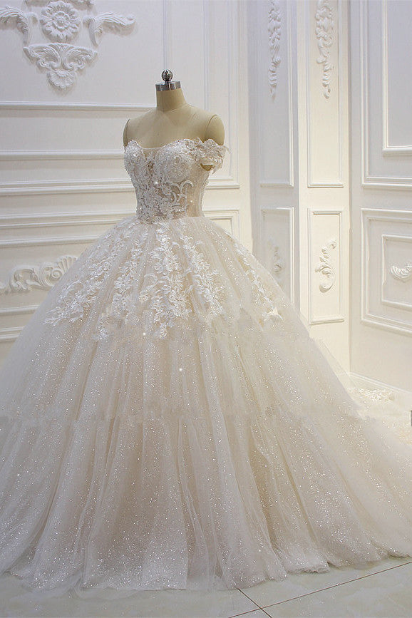Long Off the Shoulder Sweetheart Ball Gown Sequin Appliques Lace Wedding Dress-showprettydress