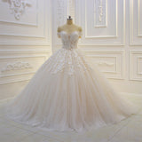 Long Off the Shoulder Sweetheart Ball Gown Sequin Appliques Lace Wedding Dress-showprettydress