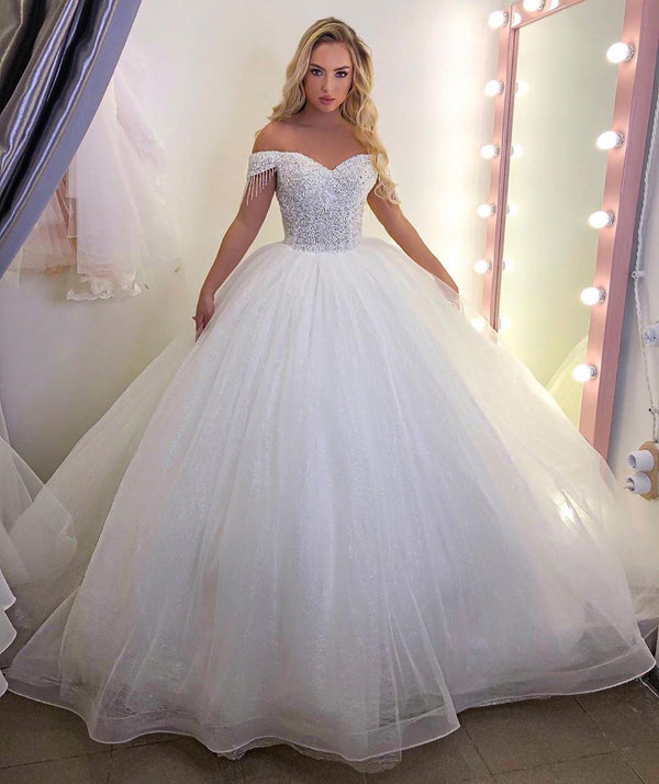 Long Princess off-the-shoulder Tulle Wedding Dress-showprettydress