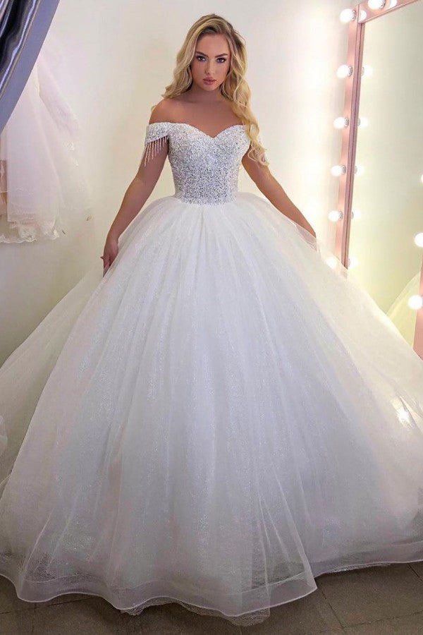 Long Princess off-the-shoulder Tulle Wedding Dress-showprettydress