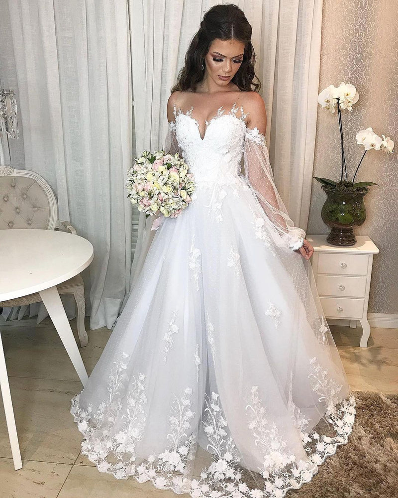 Long Princess Off-the-shoulder Tulle Wedding Dress with Bubble Sleeves-showprettydress
