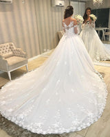 Long Princess Off-the-shoulder Tulle Wedding Dress with Bubble Sleeves-showprettydress