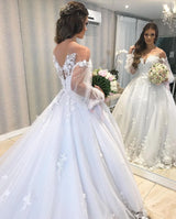 Long Princess Off-the-shoulder Tulle Wedding Dress with Bubble Sleeves-showprettydress
