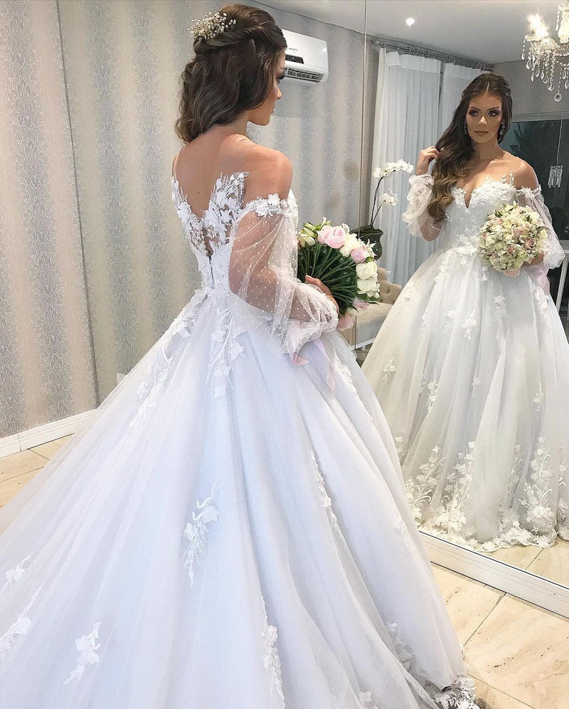 Long Princess Off-the-shoulder Tulle Wedding Dress with Bubble Sleeves-showprettydress