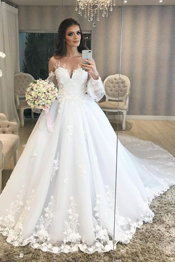 Long Princess Off-the-shoulder Tulle Wedding Dress with Bubble Sleeves-showprettydress