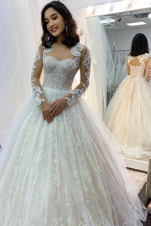 Long Princess Sweetheart Appliques Lace Backless Tulle Wedding Dress with Sleeves-showprettydress