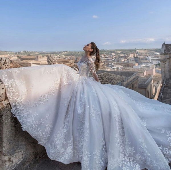 Long Princess Sweetheart Floral Lace Appliques Wedding Dress with Sleeves-showprettydress