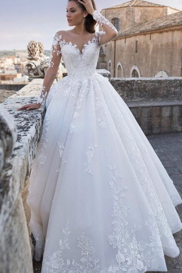 Long Princess Sweetheart Floral Lace Appliques Wedding Dress with Sleeves-showprettydress