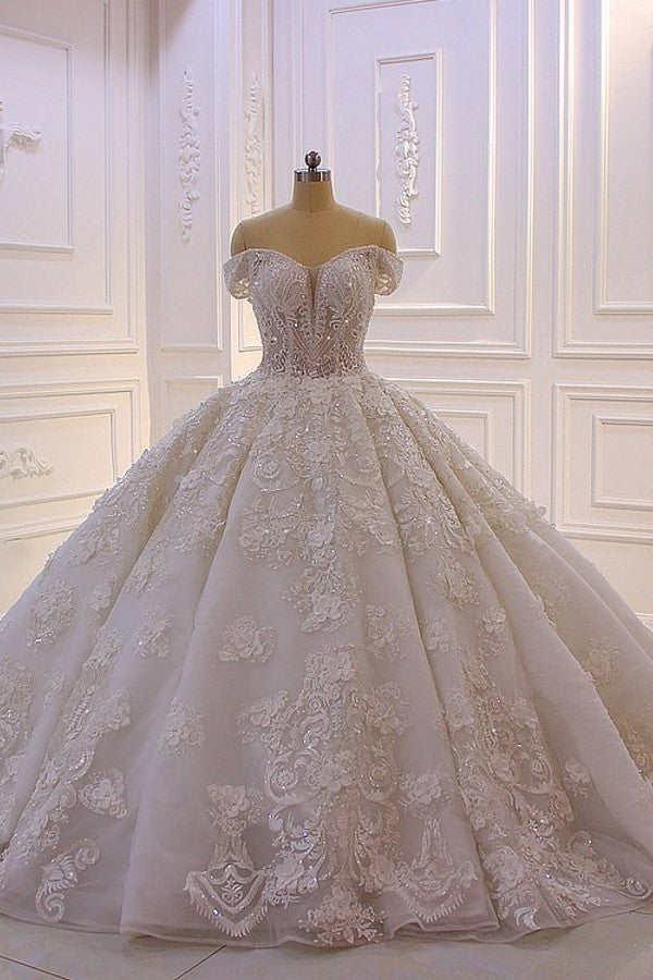 Long Princess Sweetheart Off-the-Shoulder Backless Appliques Lace Ruffles Tulle Wedding Dress-showprettydress