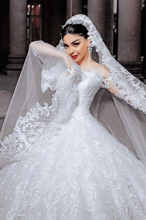 Long Princess Tulle Beads Appliques Lace Wedding Dress with Sleeves-showprettydress