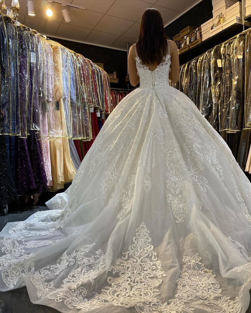 Long Princess V-neck Appliques Lace Backless Wedding Dress-showprettydress