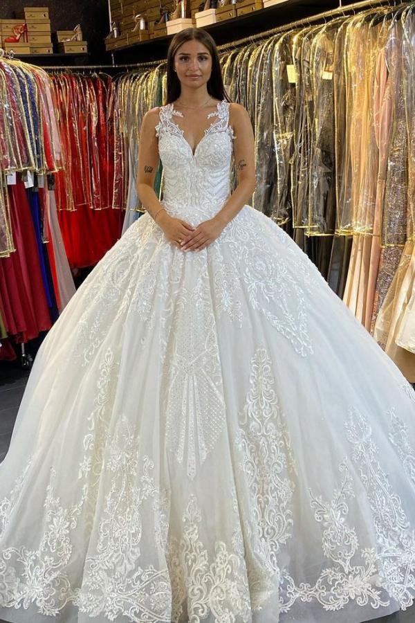 Long Princess V-neck Appliques Lace Backless Wedding Dress-showprettydress