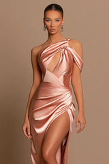 Long Satin One Shoulder Mermaid Prom Dress With Slit-showprettydress