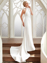 Long Sheath Halter Neck Chiffon Satin Backless Wedding Dresses-showprettydress