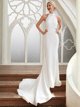 Long Sheath Halter Neck Chiffon Satin Backless Wedding Dresses-showprettydress