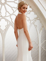 Long Sheath Halter Neck Chiffon Satin Backless Wedding Dresses-showprettydress