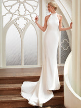 Long Sheath Halter Neck Chiffon Satin Backless Wedding Dresses-showprettydress