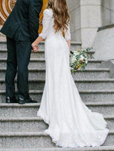 Long Sheath V Neck Sweep Brush Train Chiffon Lace Wedding Dresses with Sleeves-showprettydress