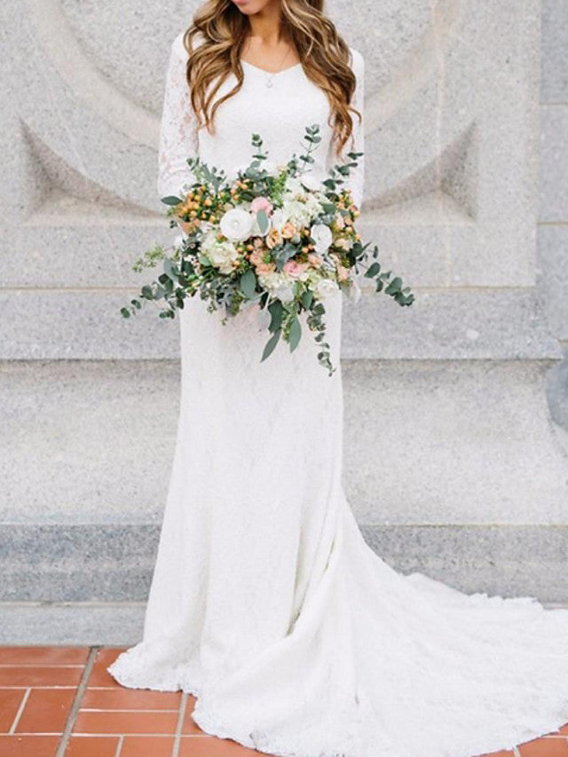 Long Sheath V Neck Sweep Brush Train Chiffon Lace Wedding Dresses with Sleeves-showprettydress