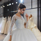 Long Sleeve A-Line Bateau Appliques Lace Sequins Wedding Dress-showprettydress