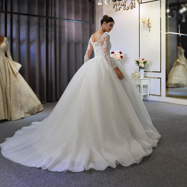 Long Sleeve A-Line Bateau Appliques Lace Sequins Wedding Dress-showprettydress