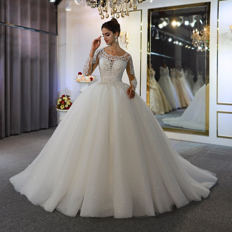 Long Sleeve A-Line Bateau Appliques Lace Sequins Wedding Dress-showprettydress