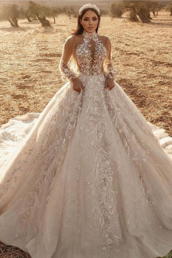 Long Sleeve A-Line High-neck Appliques Lace Tulle Wedding Dress-showprettydress