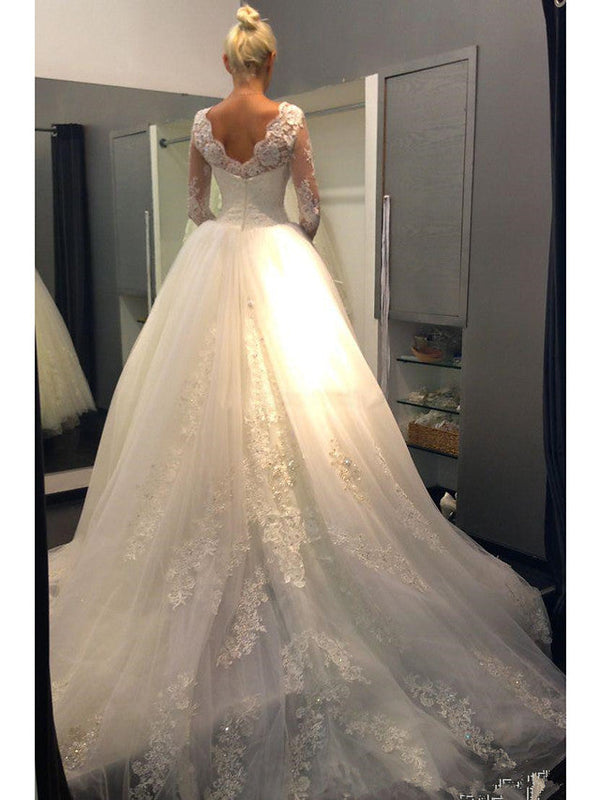 Long Sleeve A-Line Jewel Neck Court Train Lace Tulle Wedding Dresses-showprettydress